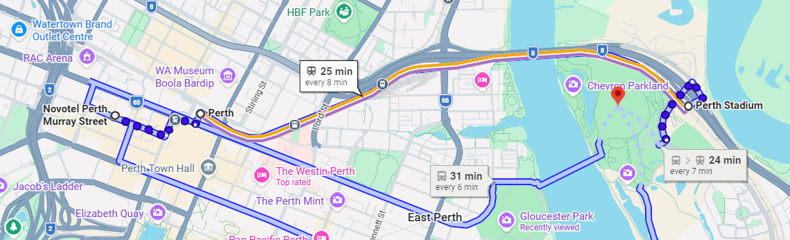 Directions from Novotel Perth Murray Street to Optus Stadium