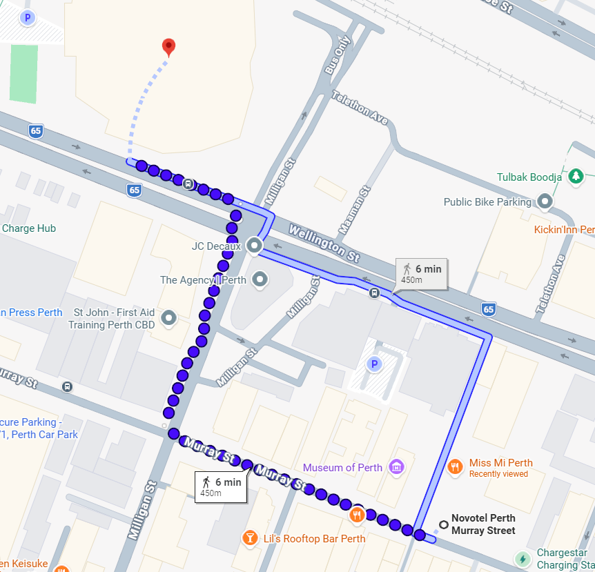 Novotel Perth Murray Street to RAC Arena Map